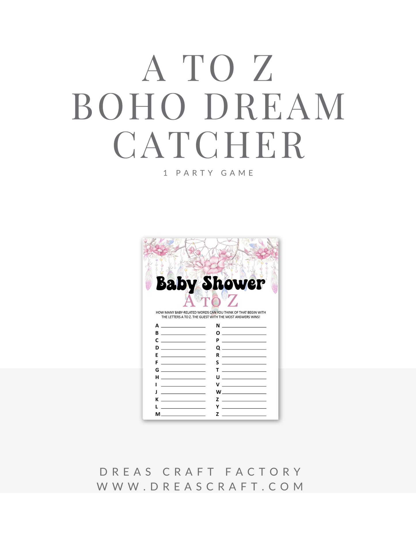 Baby Shower Game A to Z - Boho Dream Catcher