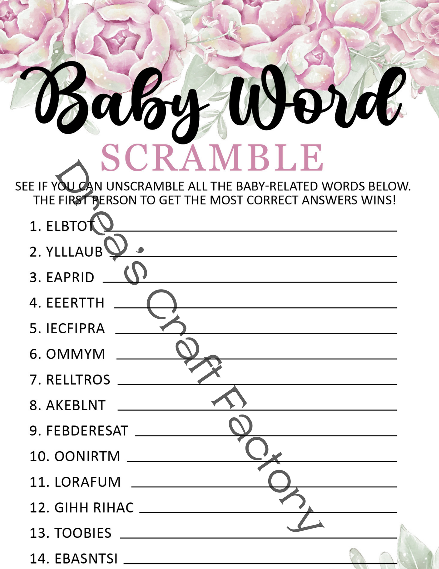 Baby Word Scramble Baby Shower Party Game-Pink Peonies