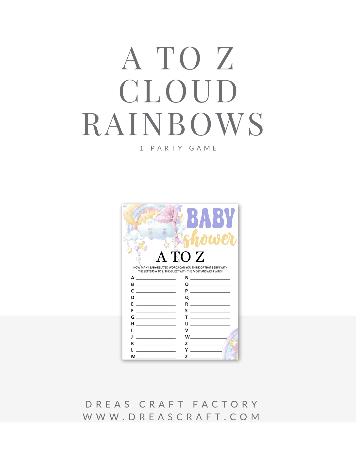 Baby Shower A to Z Party Game- Rainbows and Clouds