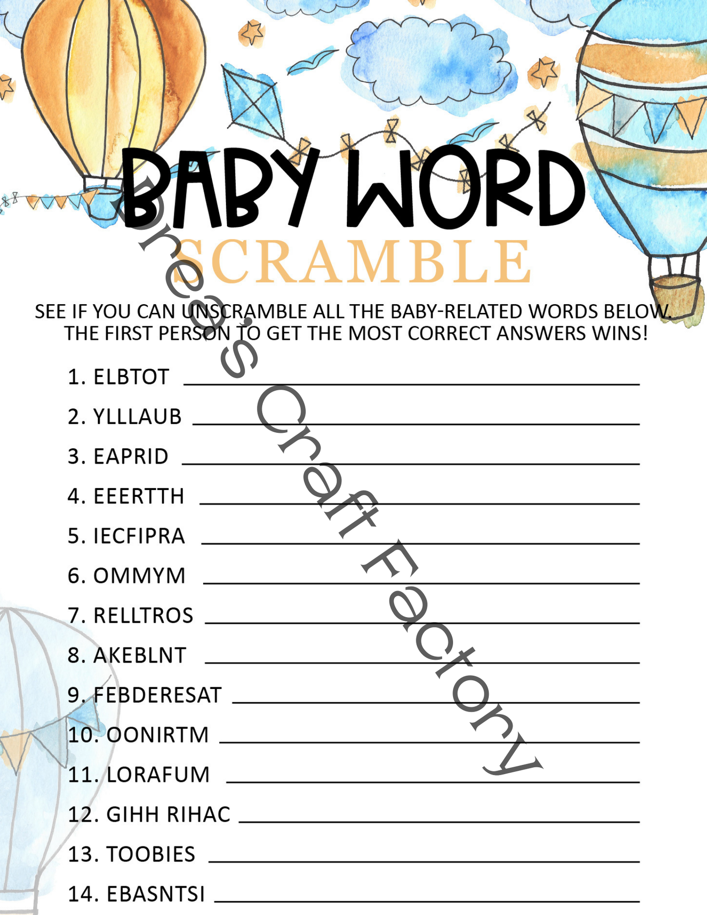 Baby Word Scramble Baby Shower Party Game- Hot Air Ballon