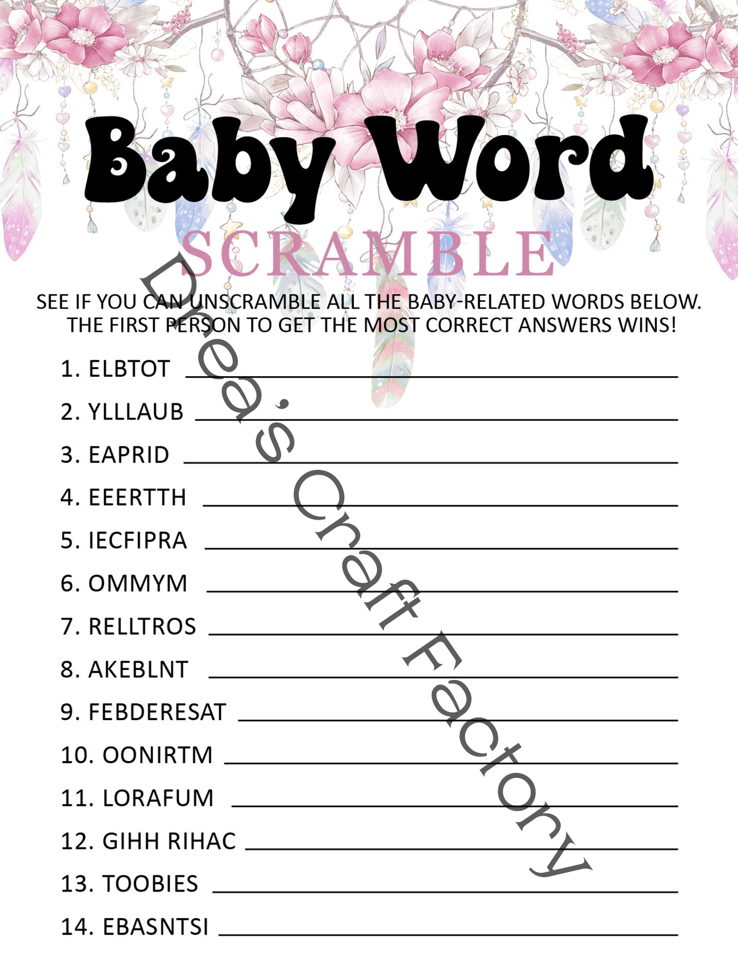 Baby Word Scramble Baby Shower Party Game- Boho Dream Catcher