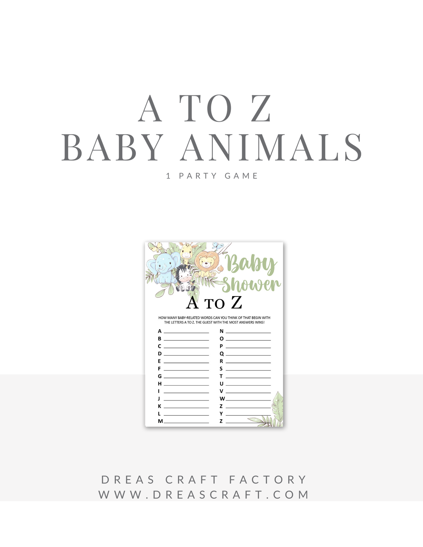 Baby Animal Theme A to Z Baby Shower Game Digital Download