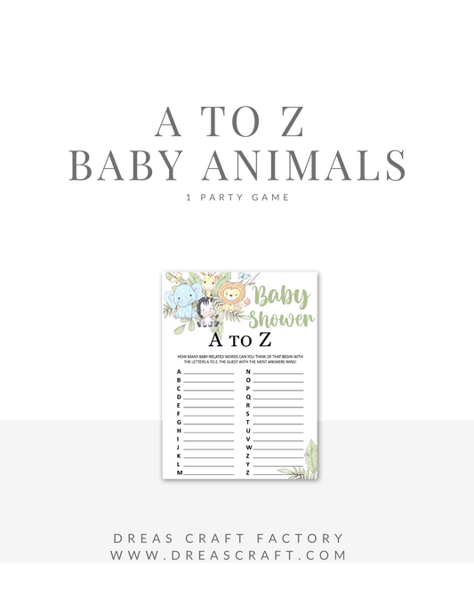 Baby Animal Theme A to Z Baby Shower Game Digital Download