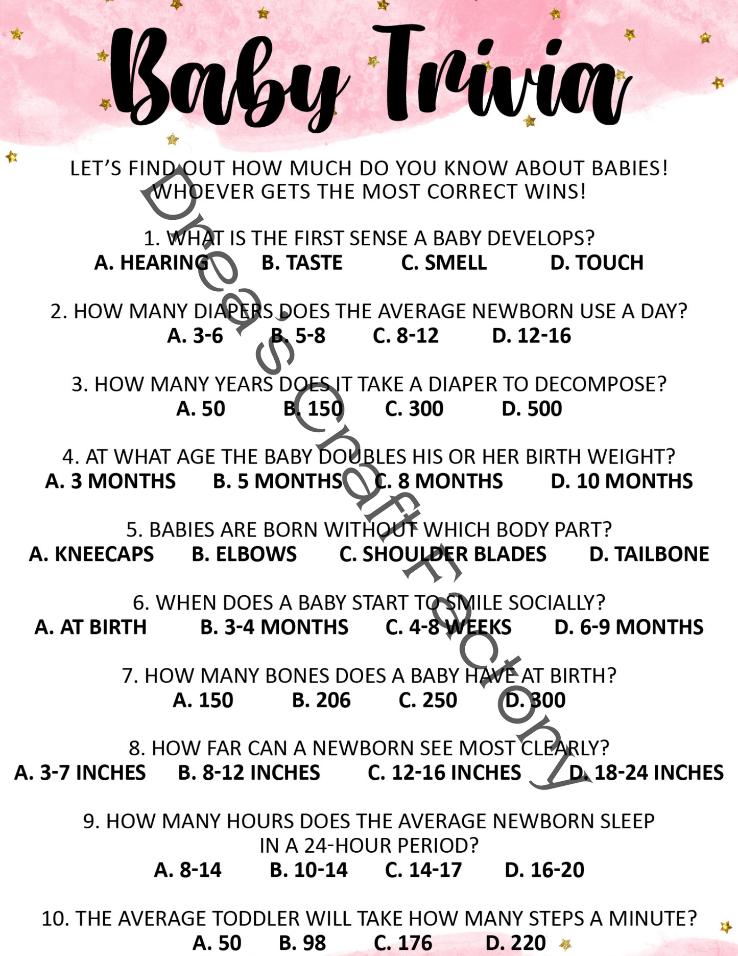 Baby Girl Baby Shower Trivia Game- Pink with Gold Stars