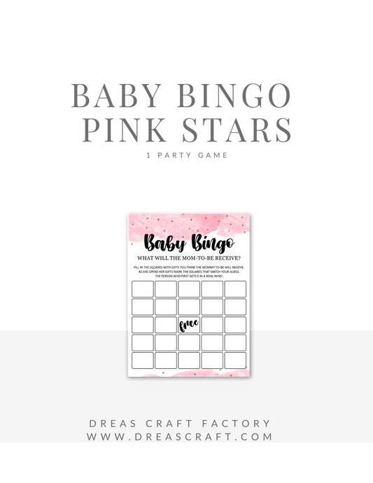 Girl Pink Gold Stars BINGO Baby Shower Party Game