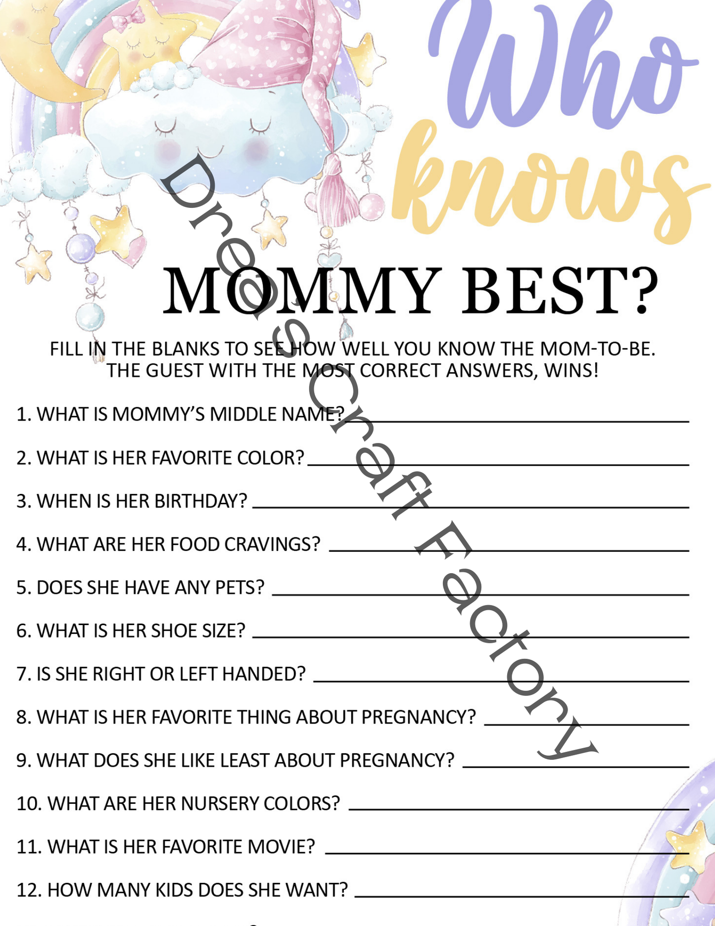 Who Knows Mom Best Baby Shower Game- Rainbow Clouds