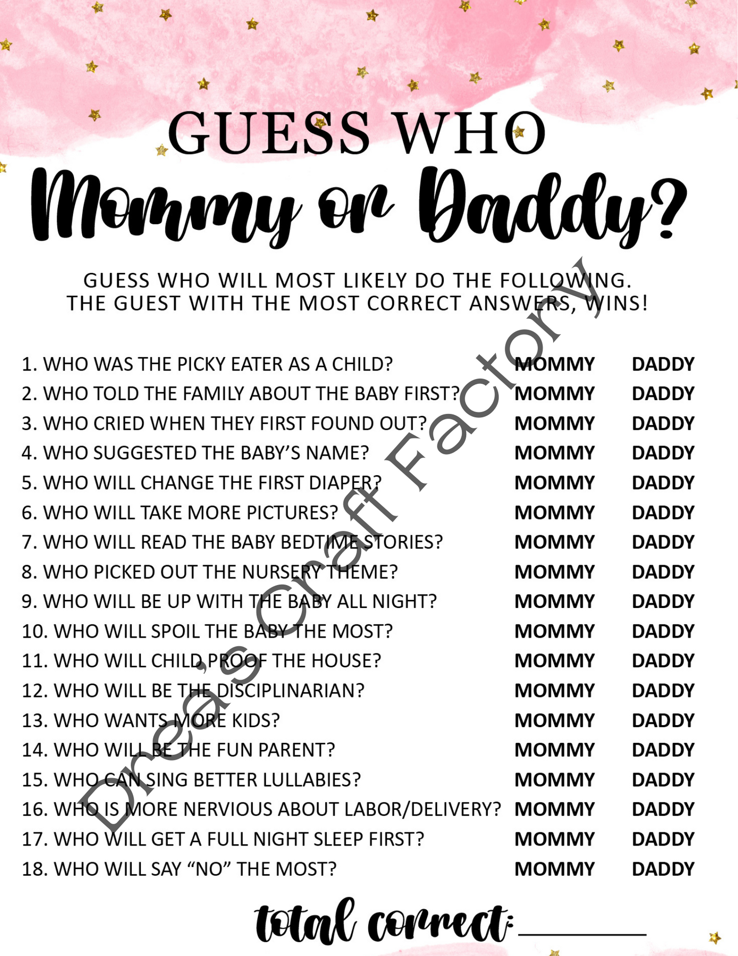 Guess Who Mommy or Daddy Baby Shower Digital Download Game